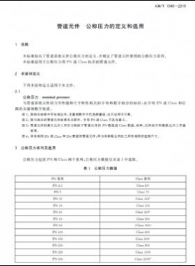 管道元件 公称压力的定义和选用国标/T 1048-2019
